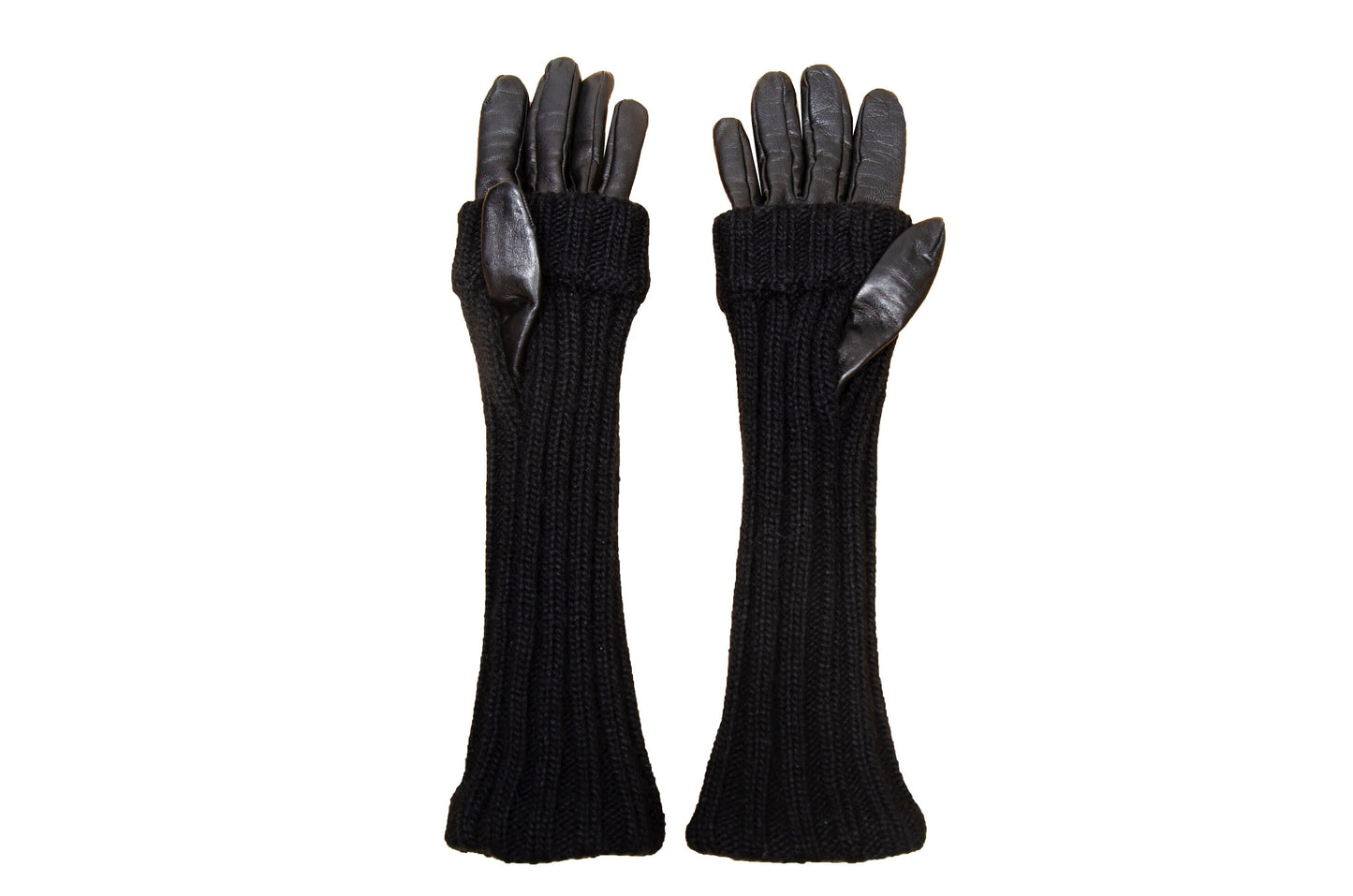 Vintage Sportmax Defile black leather and wool gloves / Sportmax black rib knit leather gloves / Leather gloves with integrated arm warmers