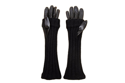 Vintage Sportmax Defile black leather and wool gloves / Sportmax black rib knit leather gloves / Leather gloves with integrated arm warmers
