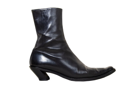 Vintage Ann Demeulemeester slanted heel black leather sock boots