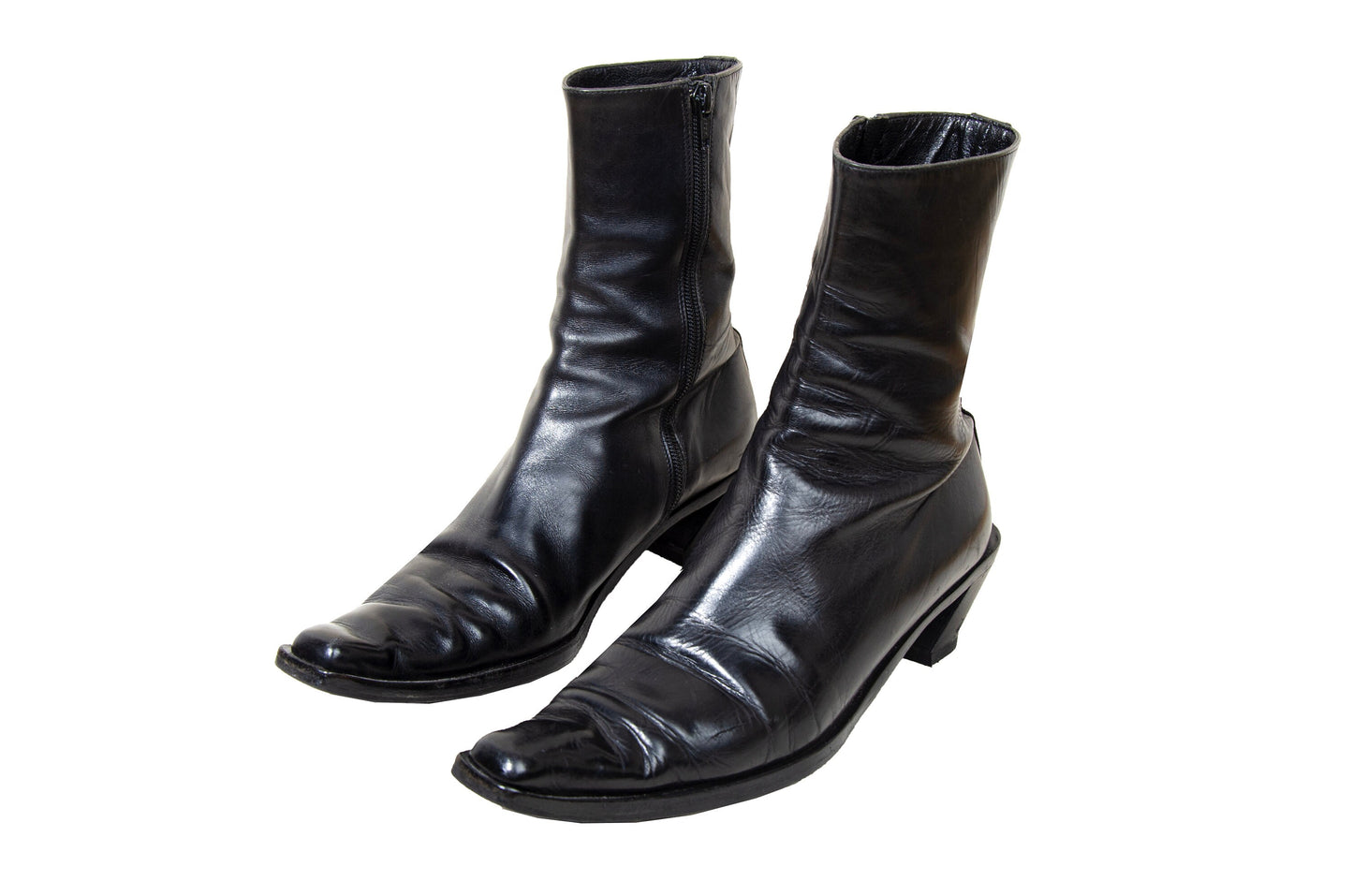 Vintage Ann Demeulemeester slanted heel black leather sock boots