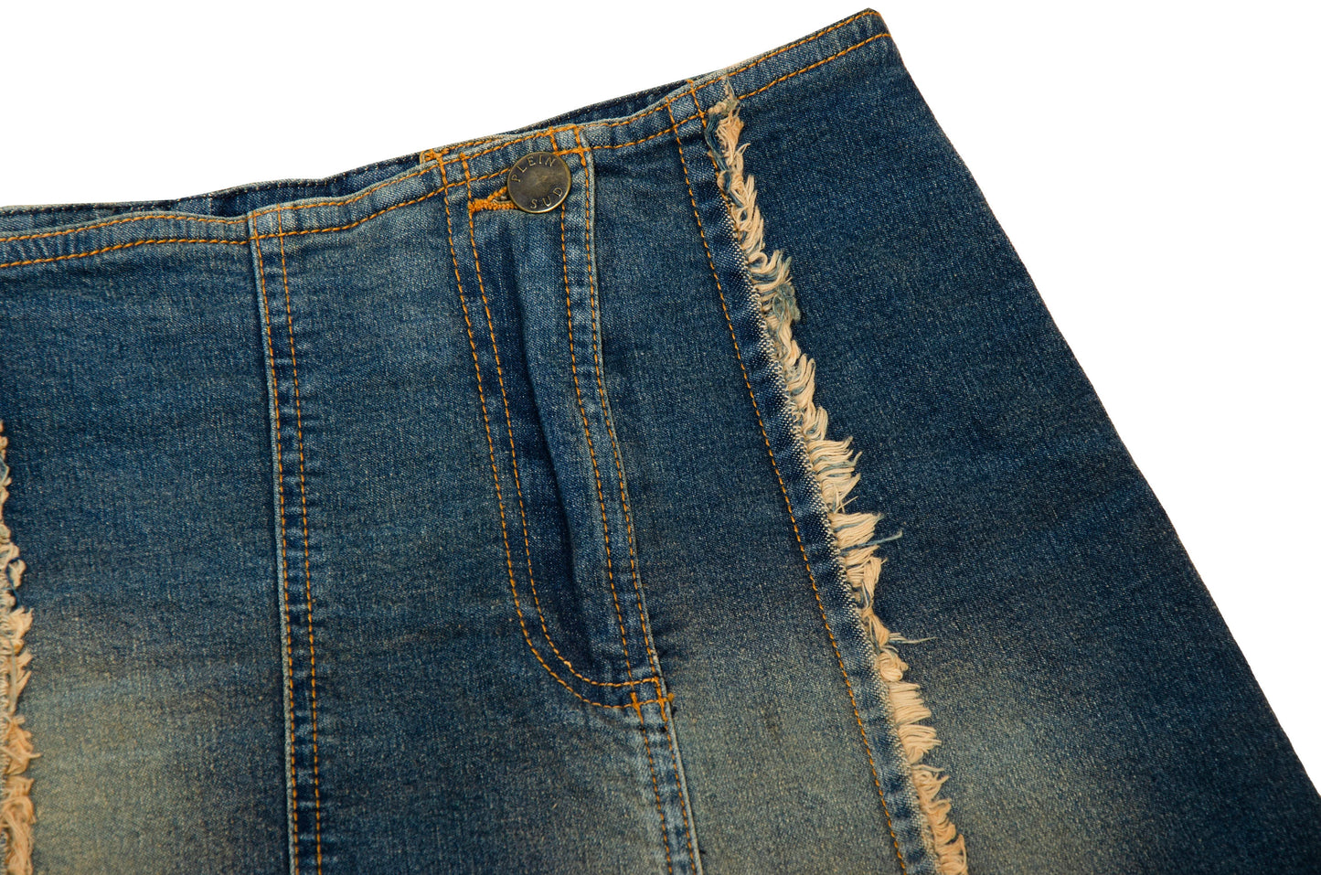 2000s Plein Sud asymmetrical raw hem mud wash low waist denim mini skirt