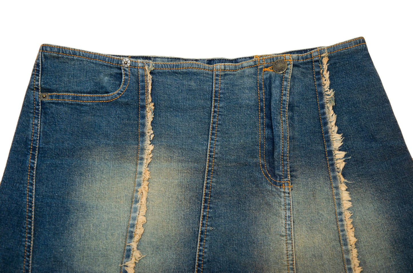2000s Plein Sud asymmetrical raw hem mud wash low waist denim mini skirt