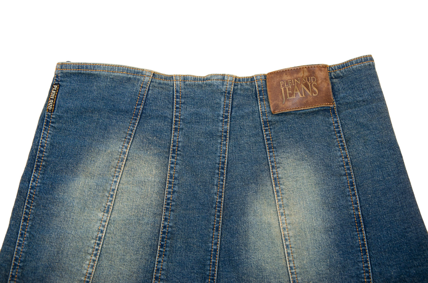 2000s Plein Sud asymmetrical raw hem mud wash low waist denim mini skirt