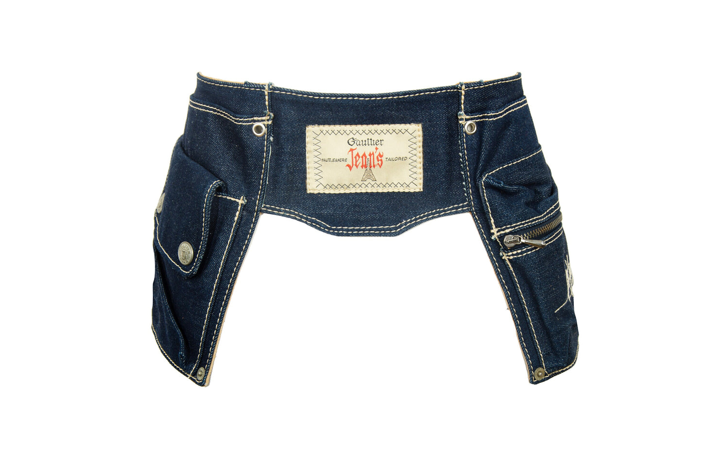 90s Jean Paul Gaultier denim multi pocket belt with oversized logo metal buckle