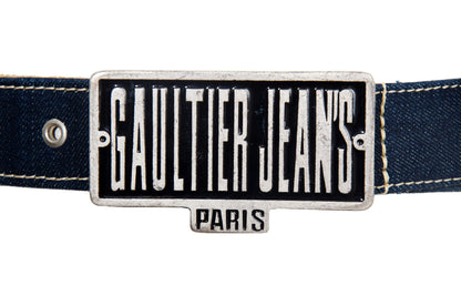 90s Jean Paul Gaultier denim multi pocket belt with oversized logo metal buckle