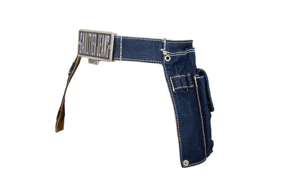 90s Jean Paul Gaultier denim multi pocket belt with oversized logo metal buckle