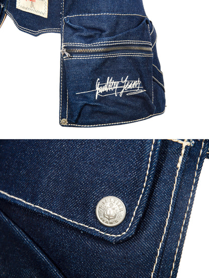 90s Jean Paul Gaultier denim multi pocket belt with oversized logo metal buckle
