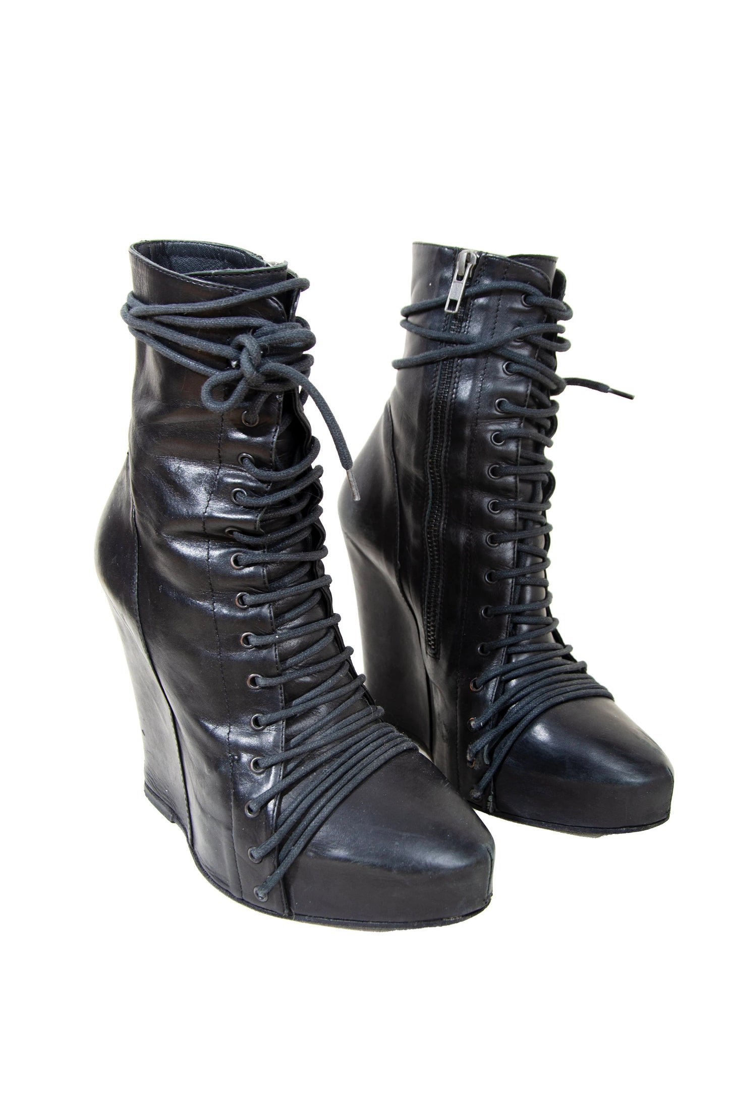 Ann Demeulemeester lace up corset black leather wedge boots
