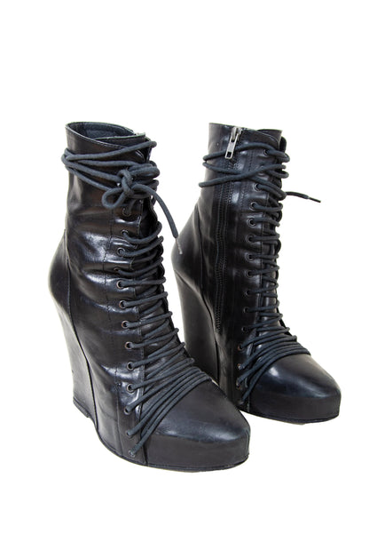Ann Demeulemeester lace up corset black leather wedge boots