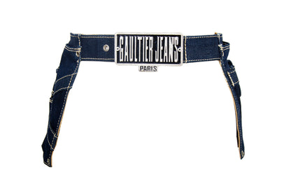 90s Jean Paul Gaultier denim multi pocket belt with oversized logo metal buckle