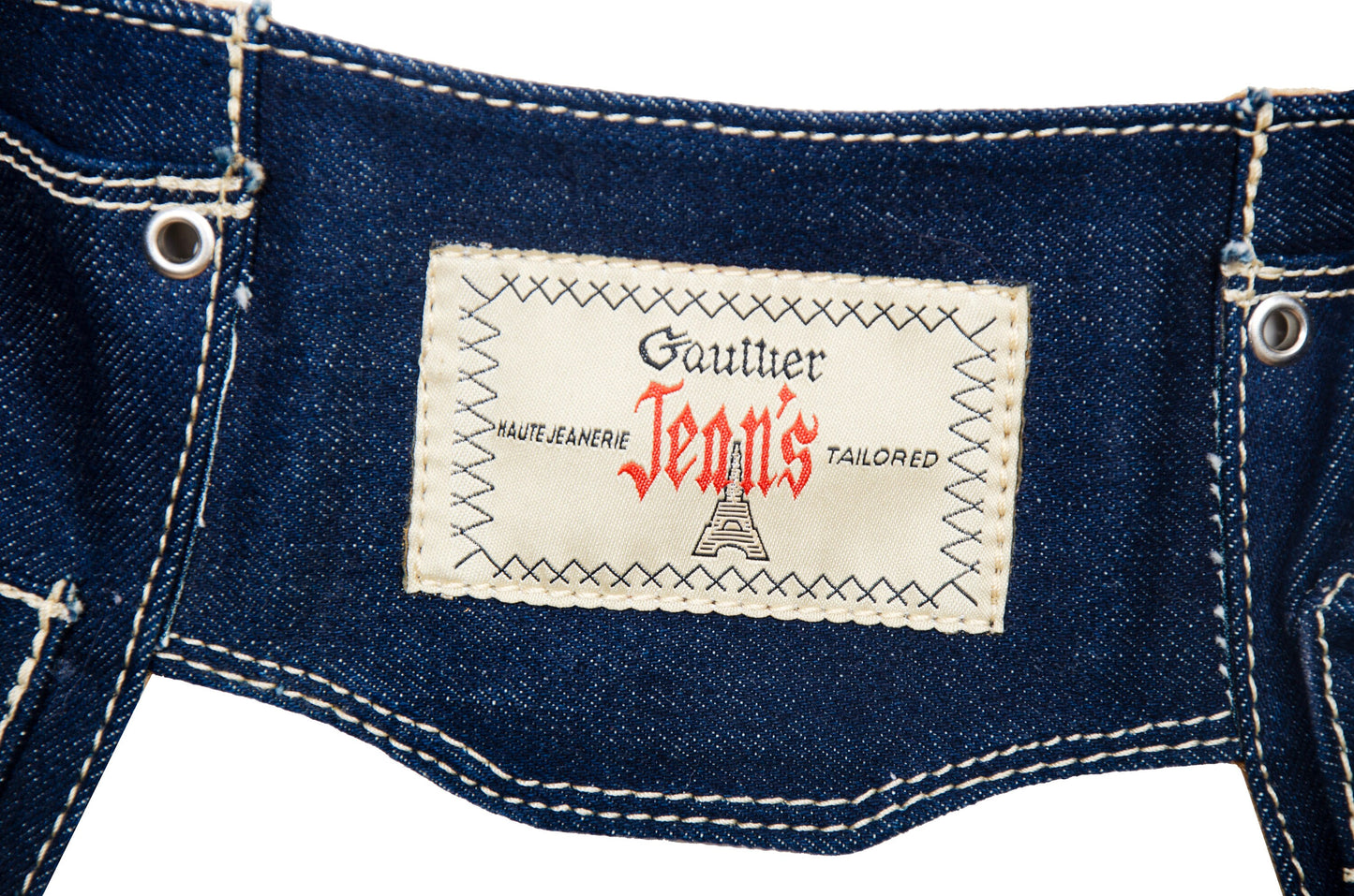 90s Jean Paul Gaultier denim multi pocket belt with oversized logo metal buckle