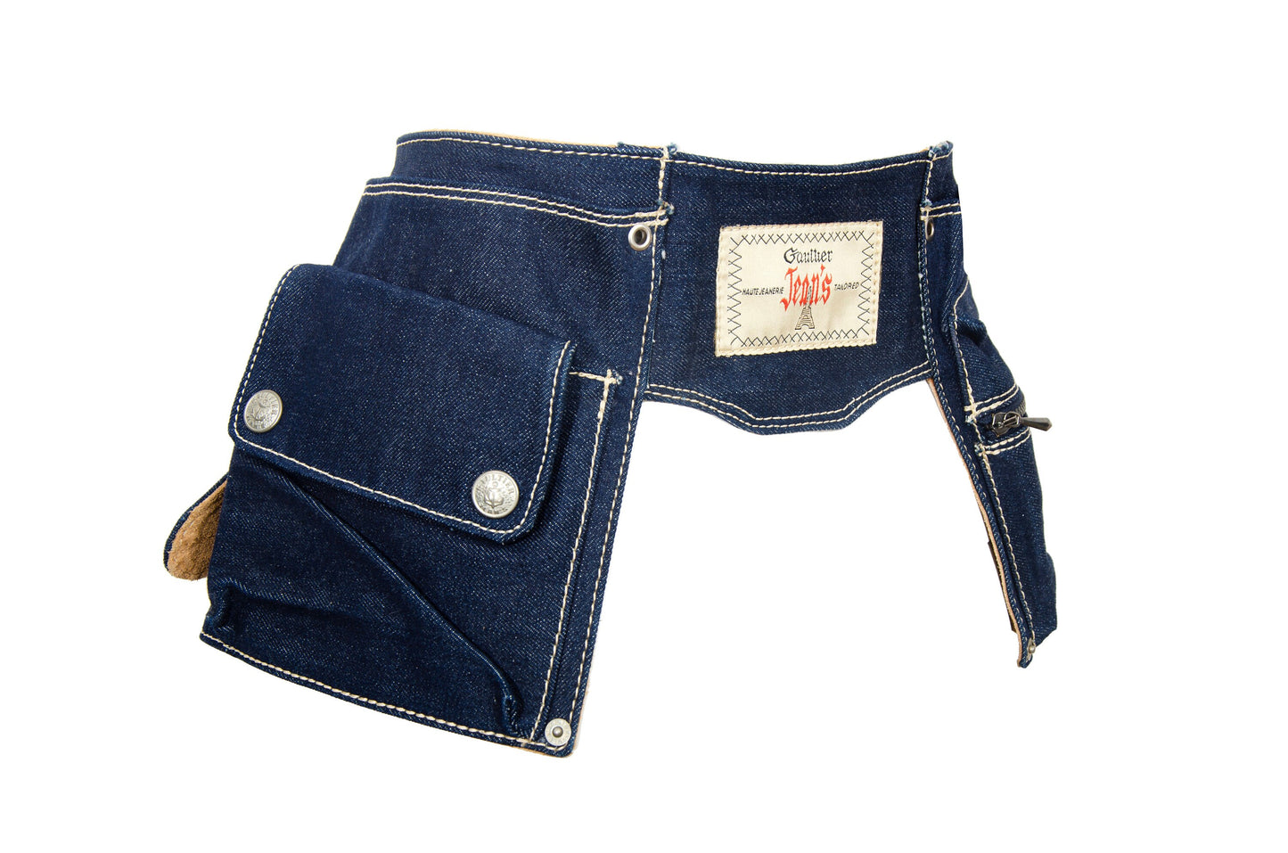 90s Jean Paul Gaultier denim multi pocket belt with oversized logo metal buckle