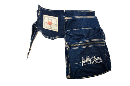 90s Jean Paul Gaultier denim multi pocket belt with oversized logo metal buckle