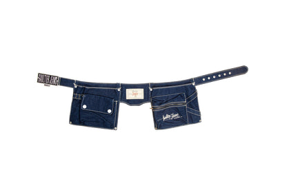 90s Jean Paul Gaultier denim multi pocket belt with oversized logo metal buckle