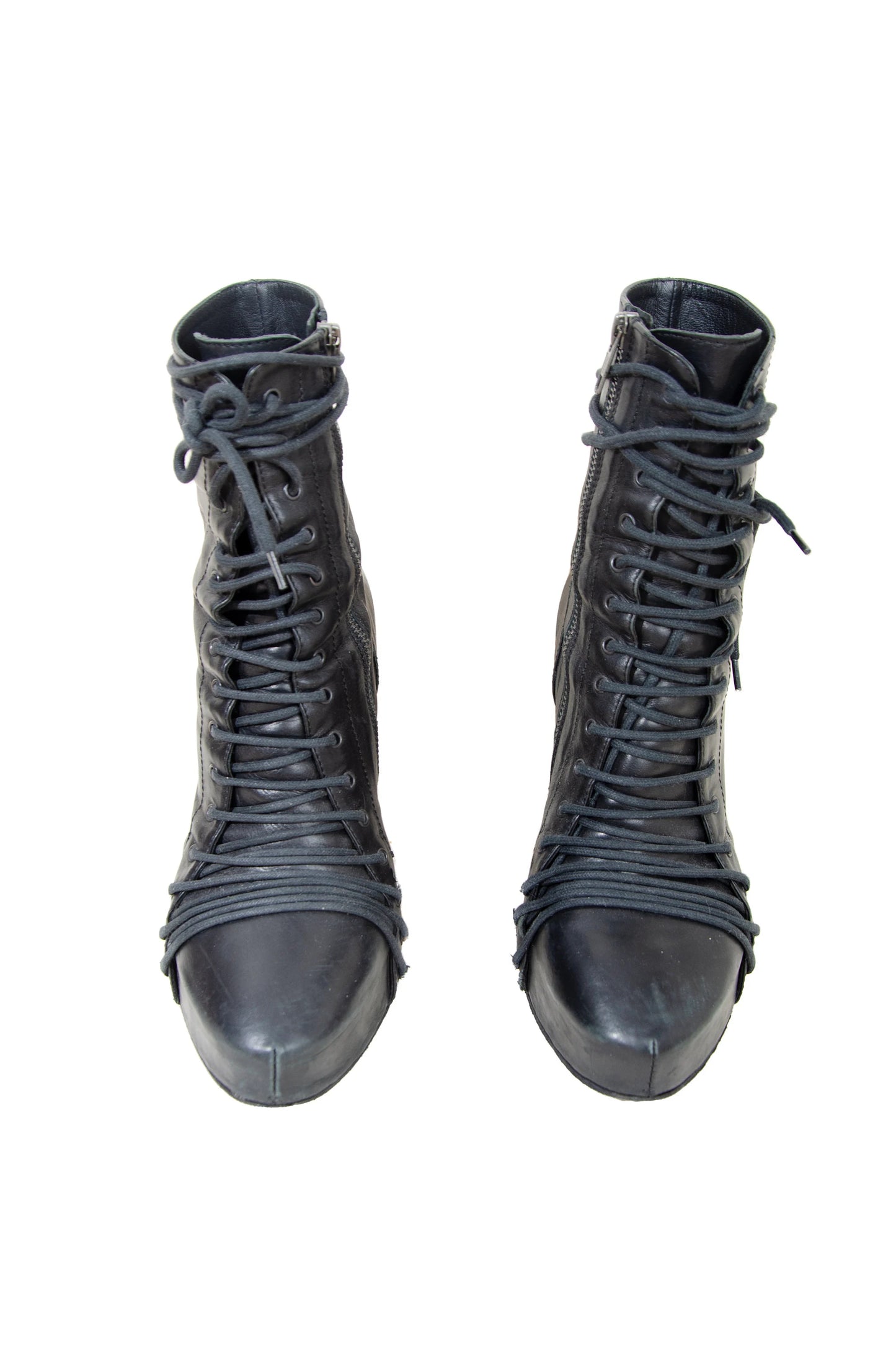 Ann Demeulemeester lace up corset black leather wedge boots