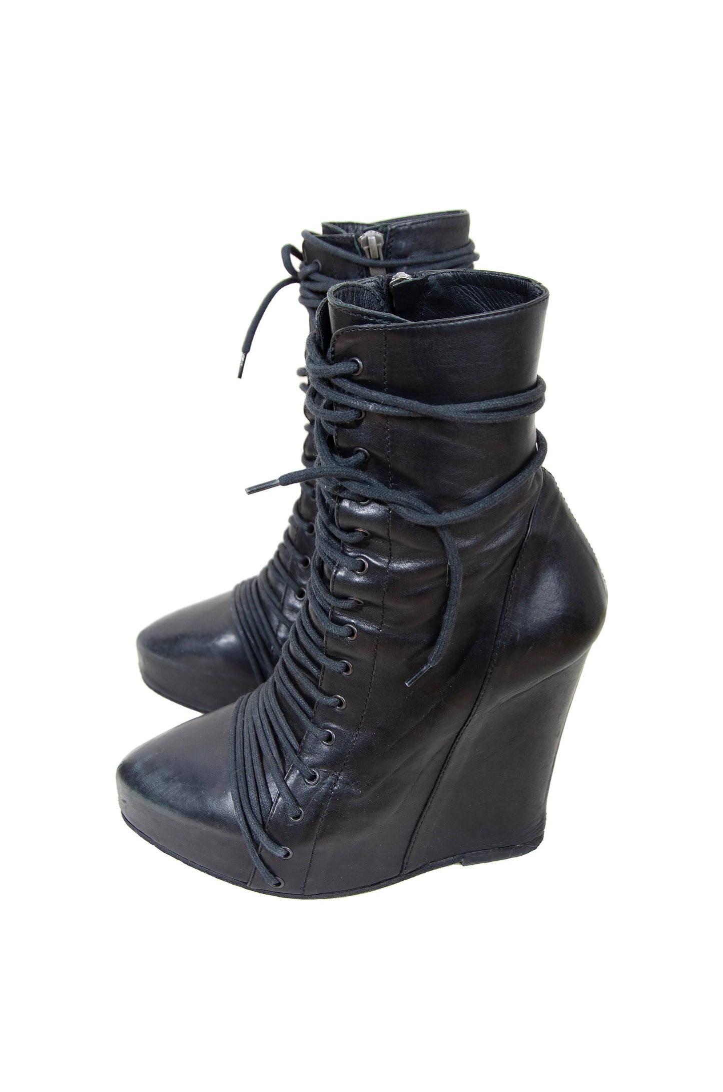 Ann Demeulemeester lace up corset black leather wedge boots