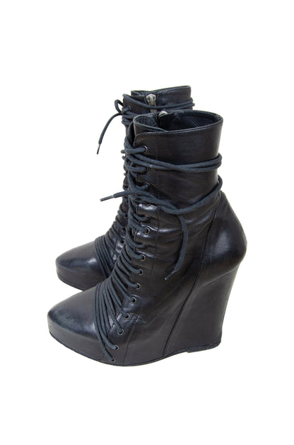 Ann Demeulemeester lace up corset black leather wedge boots
