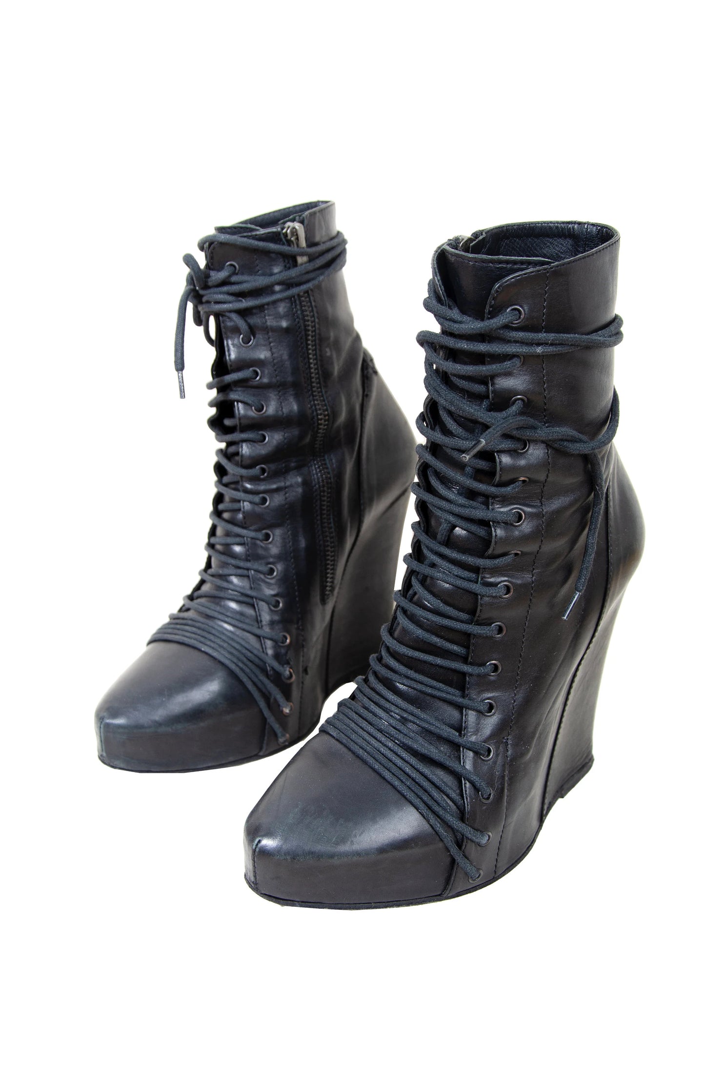 Ann Demeulemeester lace up corset black leather wedge boots