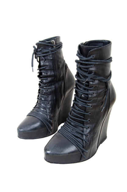 Ann Demeulemeester lace up corset black leather wedge boots