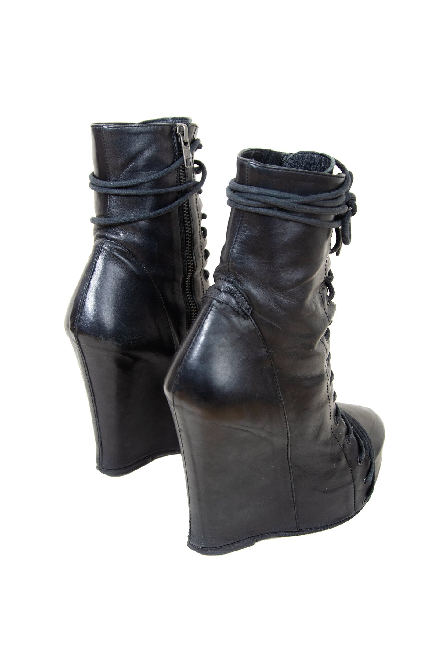 Ann Demeulemeester lace up corset black leather wedge boots