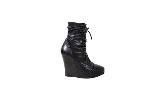 Ann Demeulemeester lace up corset black leather wedge boots