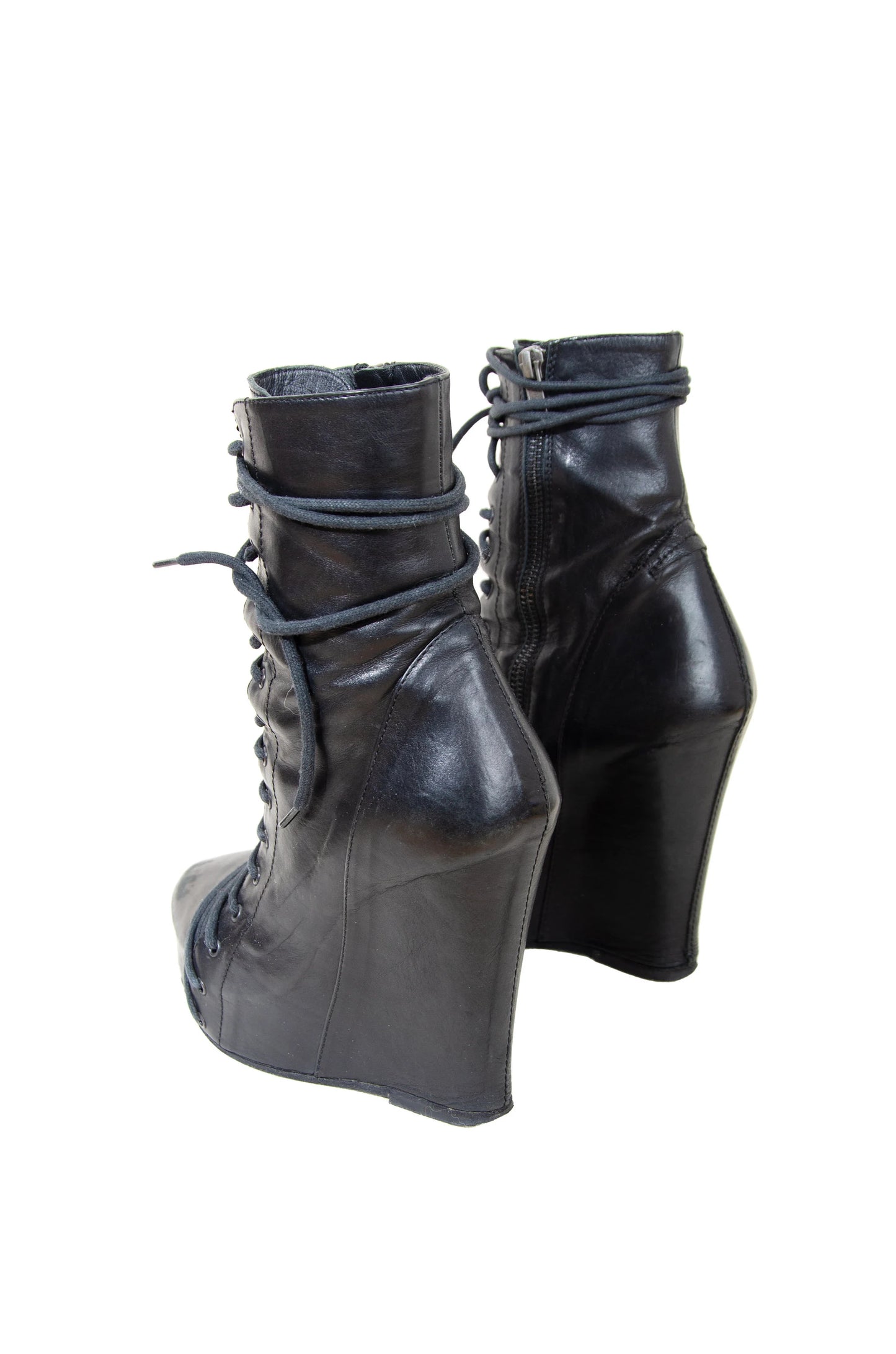 Ann Demeulemeester lace up corset black leather wedge boots