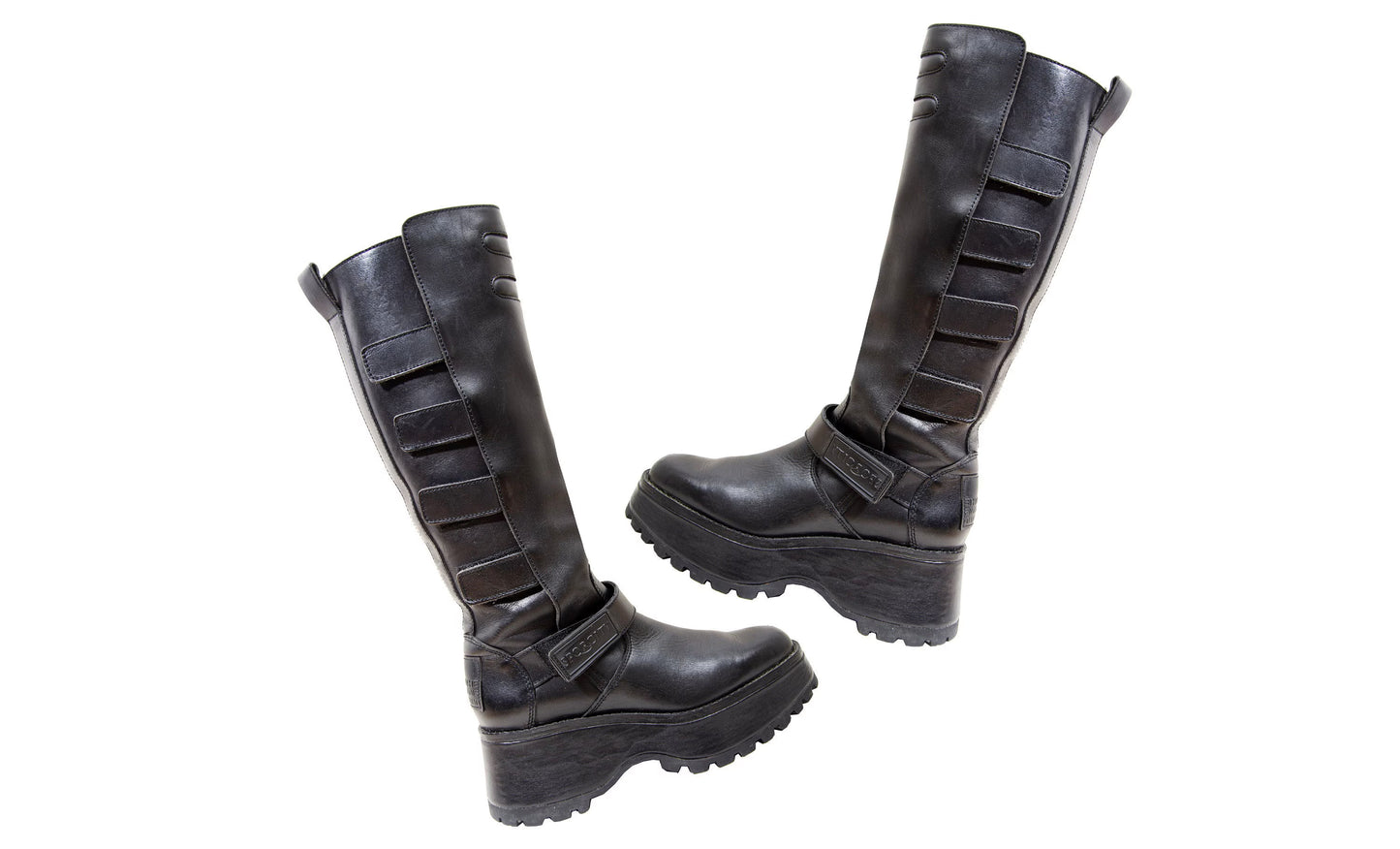 Marithé + François Girbaud black leather platform boots / 2000s MFG track sole combat boots / Girbaud motorcycle boots / Made in France