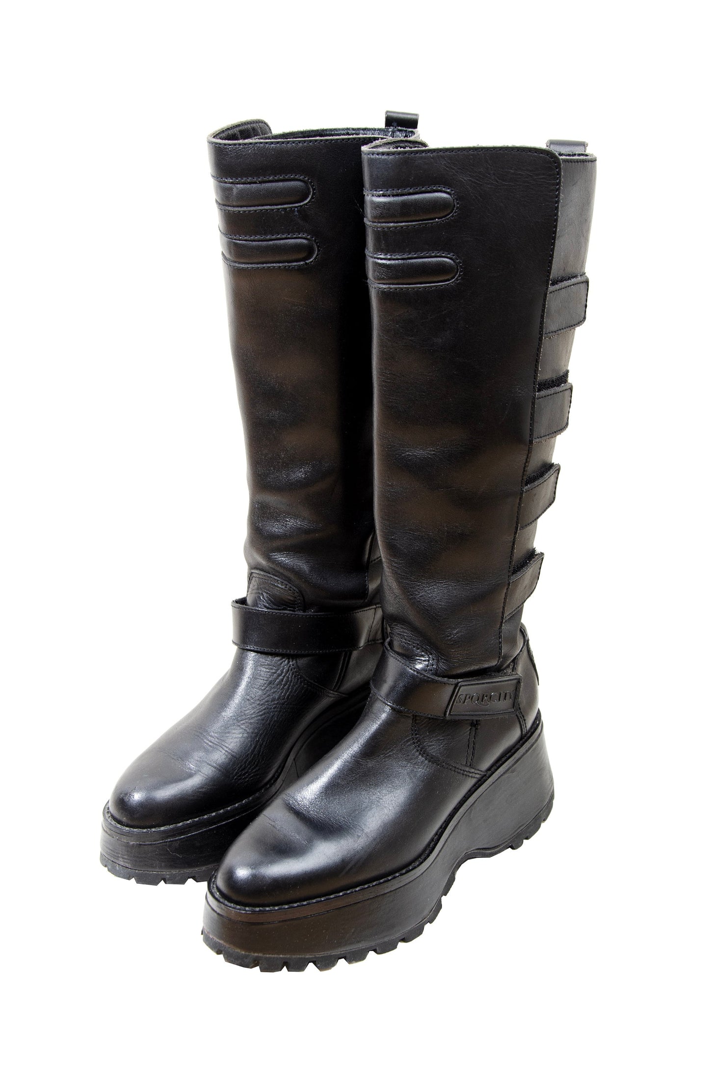 Marithé + François Girbaud black leather platform boots / 2000s MFG track sole combat boots / Girbaud motorcycle boots / Made in France