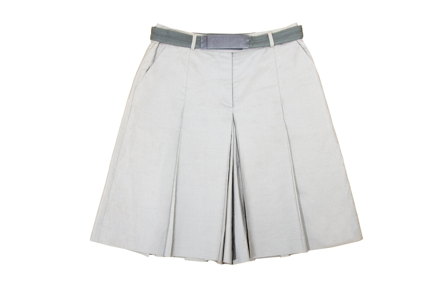 90s Prada pleated culottes / Late 1990s vintage Prada light mastic beige pleated bermuda shorts with grosgrain velcro belt