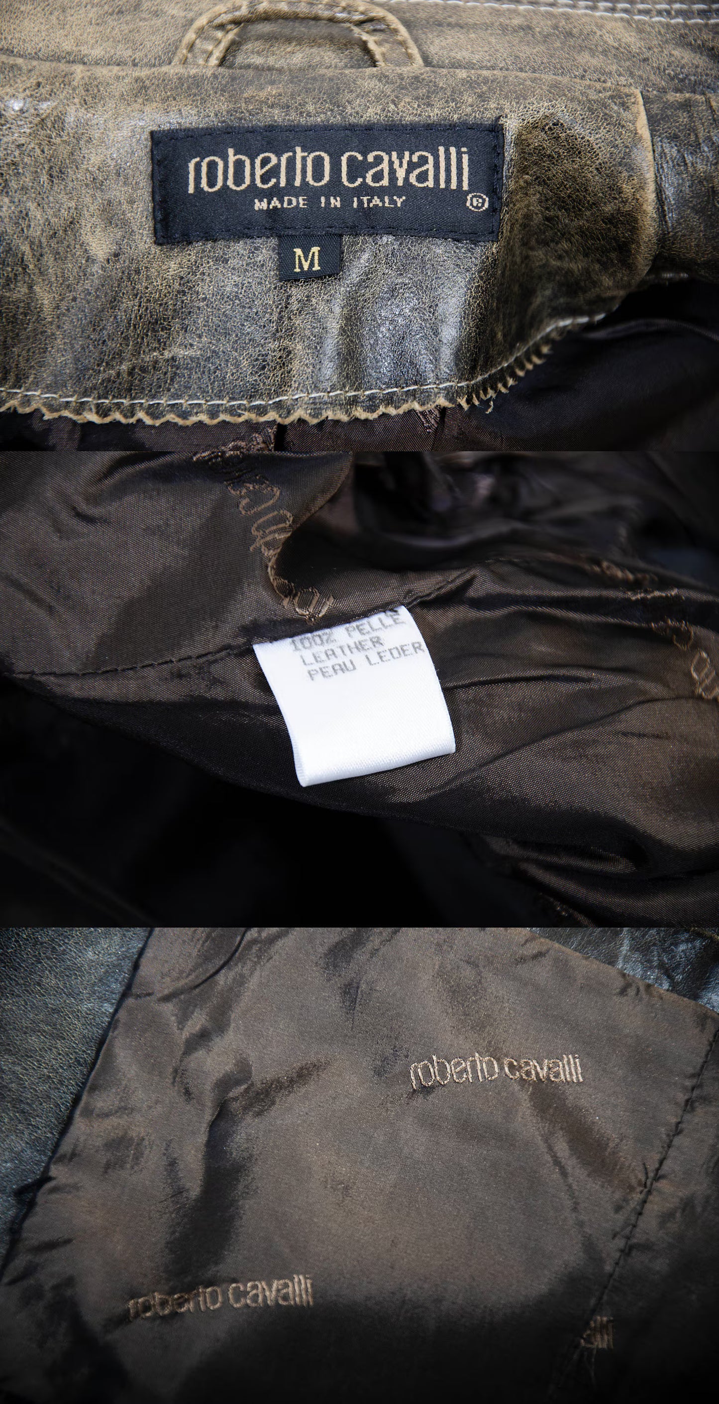Vintage Roberto Cavalli distressed brown leather midi leather jacket / Made in Italy