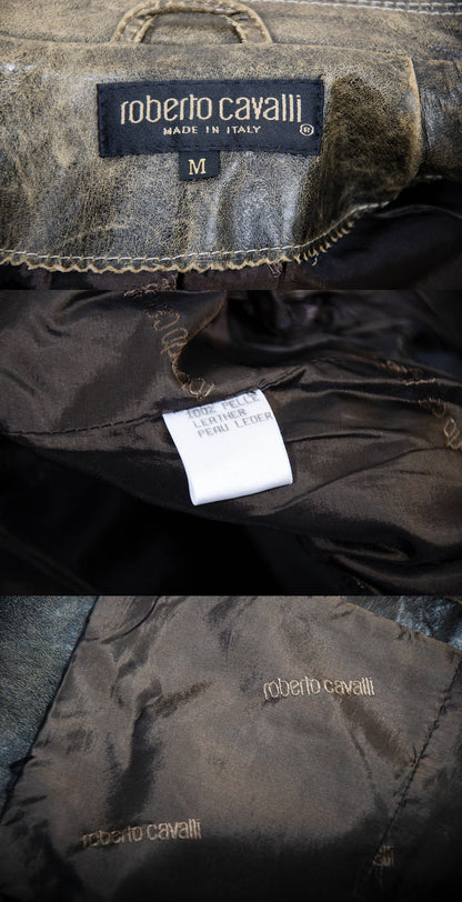 Vintage Roberto Cavalli distressed brown leather midi leather jacket / Made in Italy