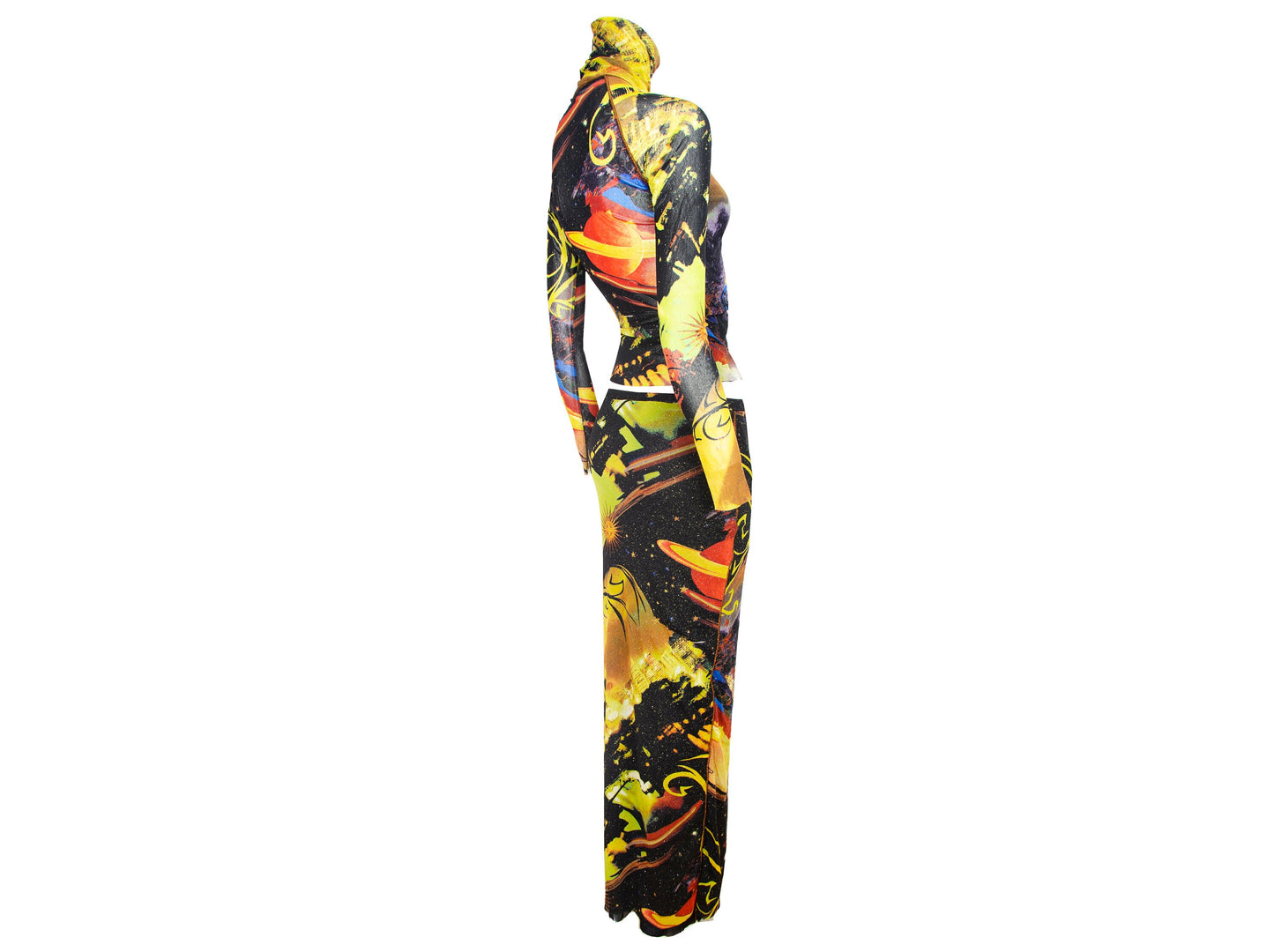 90s Kenzo two piece mesh set / RARE collector UFO stars space print long sleeves turtleneck top and maxi skirt / Made in Italy