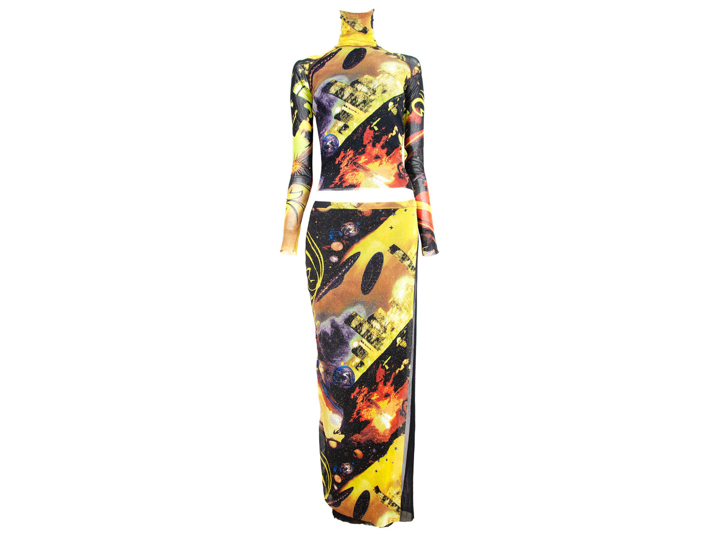 90s Kenzo two piece mesh set / RARE collector UFO stars space print long sleeves turtleneck top and maxi skirt / Made in Italy