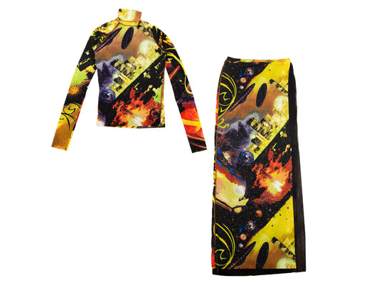90s Kenzo two piece mesh set / RARE collector UFO stars space print long sleeves turtleneck top and maxi skirt / Made in Italy