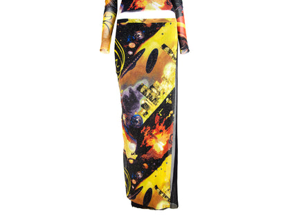 90s Kenzo two piece mesh set / RARE collector UFO stars space print long sleeves turtleneck top and maxi skirt / Made in Italy