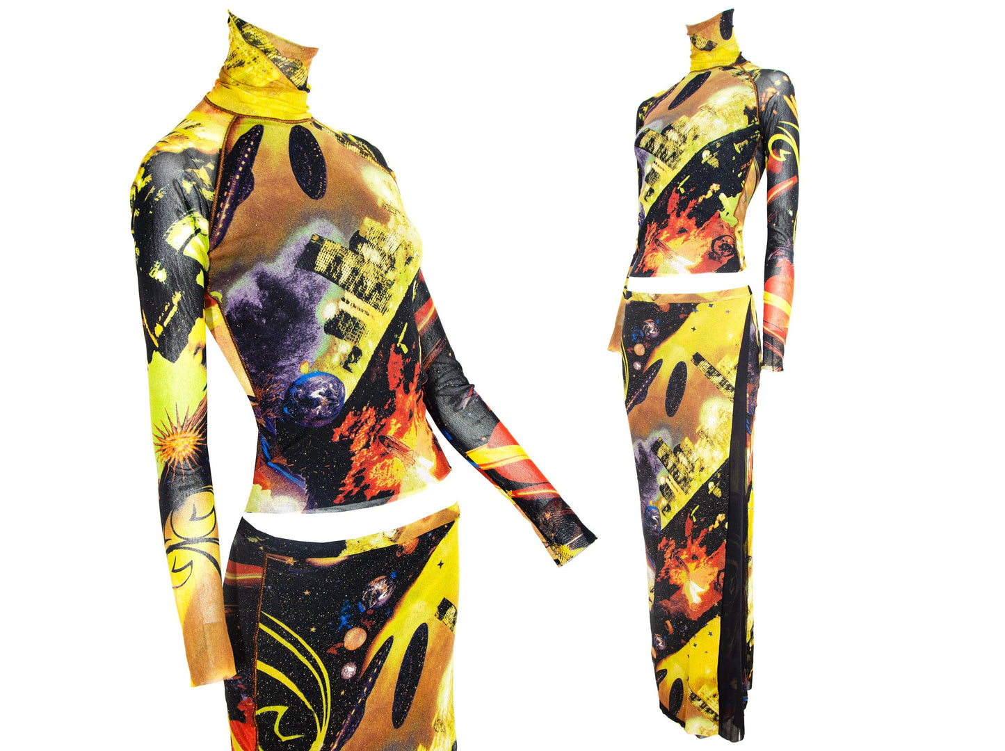 90s Kenzo two piece mesh set / RARE collector UFO stars space print long sleeves turtleneck top and maxi skirt / Made in Italy
