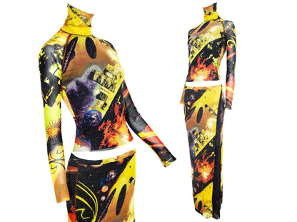 90s Kenzo two piece mesh set / RARE collector UFO stars space print long sleeves turtleneck top and maxi skirt / Made in Italy