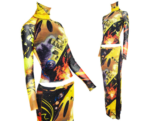 90s Kenzo two piece mesh set / RARE collector UFO stars space print long sleeves turtleneck top and maxi skirt / Made in Italy