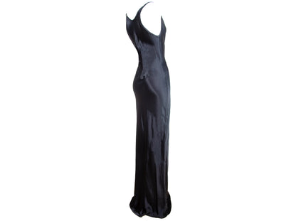 90s Plein Sud black shiny satin maxi floor length gown / Plein Sud draped cowl neck extra long evening slip dress / Made in Italy