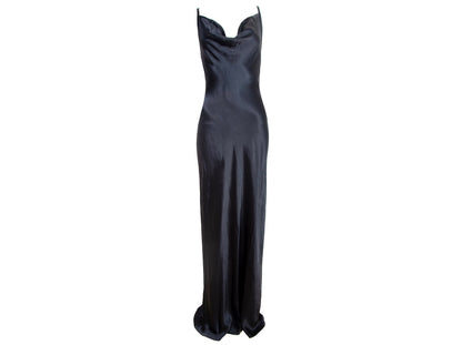 90s Plein Sud black shiny satin maxi floor length gown / Plein Sud draped cowl neck extra long evening slip dress / Made in Italy