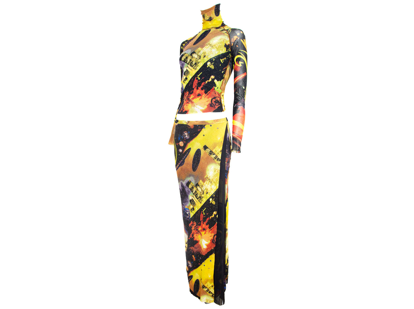 90s Kenzo two piece mesh set / RARE collector UFO stars space print long sleeves turtleneck top and maxi skirt / Made in Italy