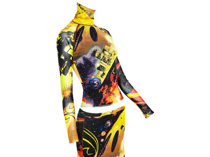 90s Kenzo two piece mesh set / RARE collector UFO stars space print long sleeves turtleneck top and maxi skirt / Made in Italy