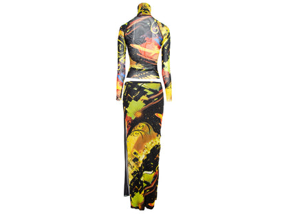 90s Kenzo two piece mesh set / RARE collector UFO stars space print long sleeves turtleneck top and maxi skirt / Made in Italy