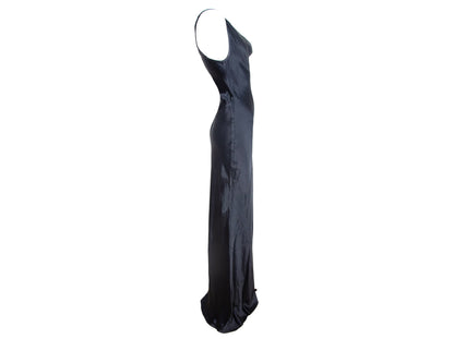 90s Plein Sud black shiny satin maxi floor length gown / Plein Sud draped cowl neck extra long evening slip dress / Made in Italy