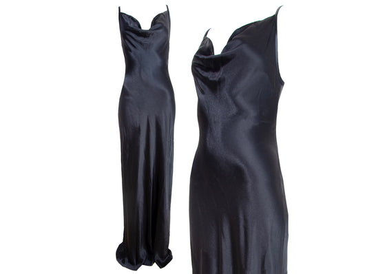 90s Plein Sud black shiny satin maxi floor length gown / Plein Sud draped cowl neck extra long evening slip dress / Made in Italy