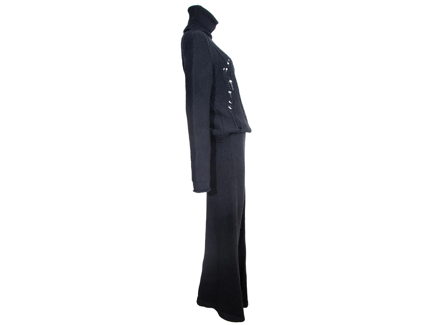 Hache black merino wool two piece chunky ladder knit set / Turtleneck deconstructed knit sweater + maxi knit skirt set / Made in Italy