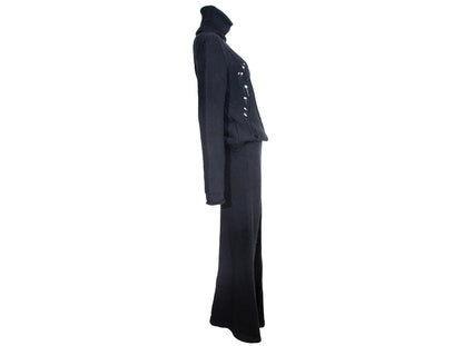 Hache black merino wool two piece chunky ladder knit set / Turtleneck deconstructed knit sweater + maxi knit skirt set / Made in Italy