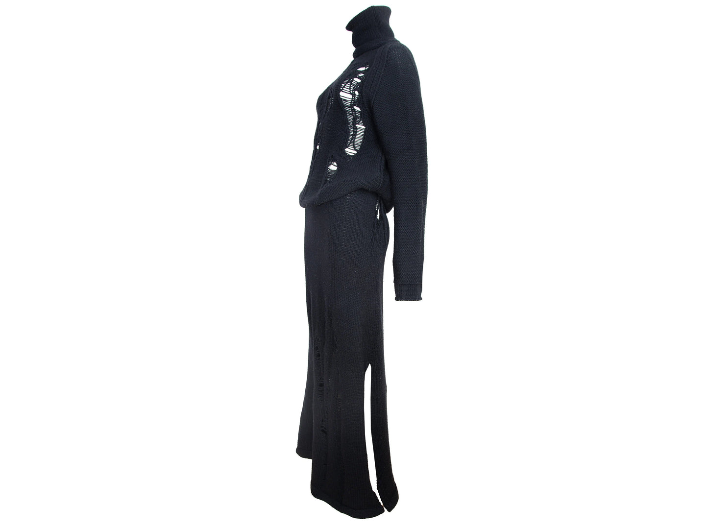 Hache black merino wool two piece chunky ladder knit set / Turtleneck deconstructed knit sweater + maxi knit skirt set / Made in Italy