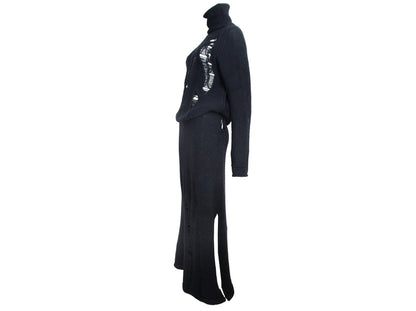 Hache black merino wool two piece chunky ladder knit set / Turtleneck deconstructed knit sweater + maxi knit skirt set / Made in Italy