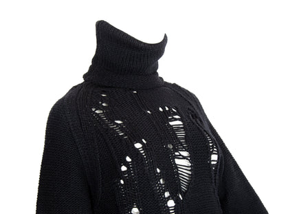 Hache black merino wool two piece chunky ladder knit set / Turtleneck deconstructed knit sweater + maxi knit skirt set / Made in Italy